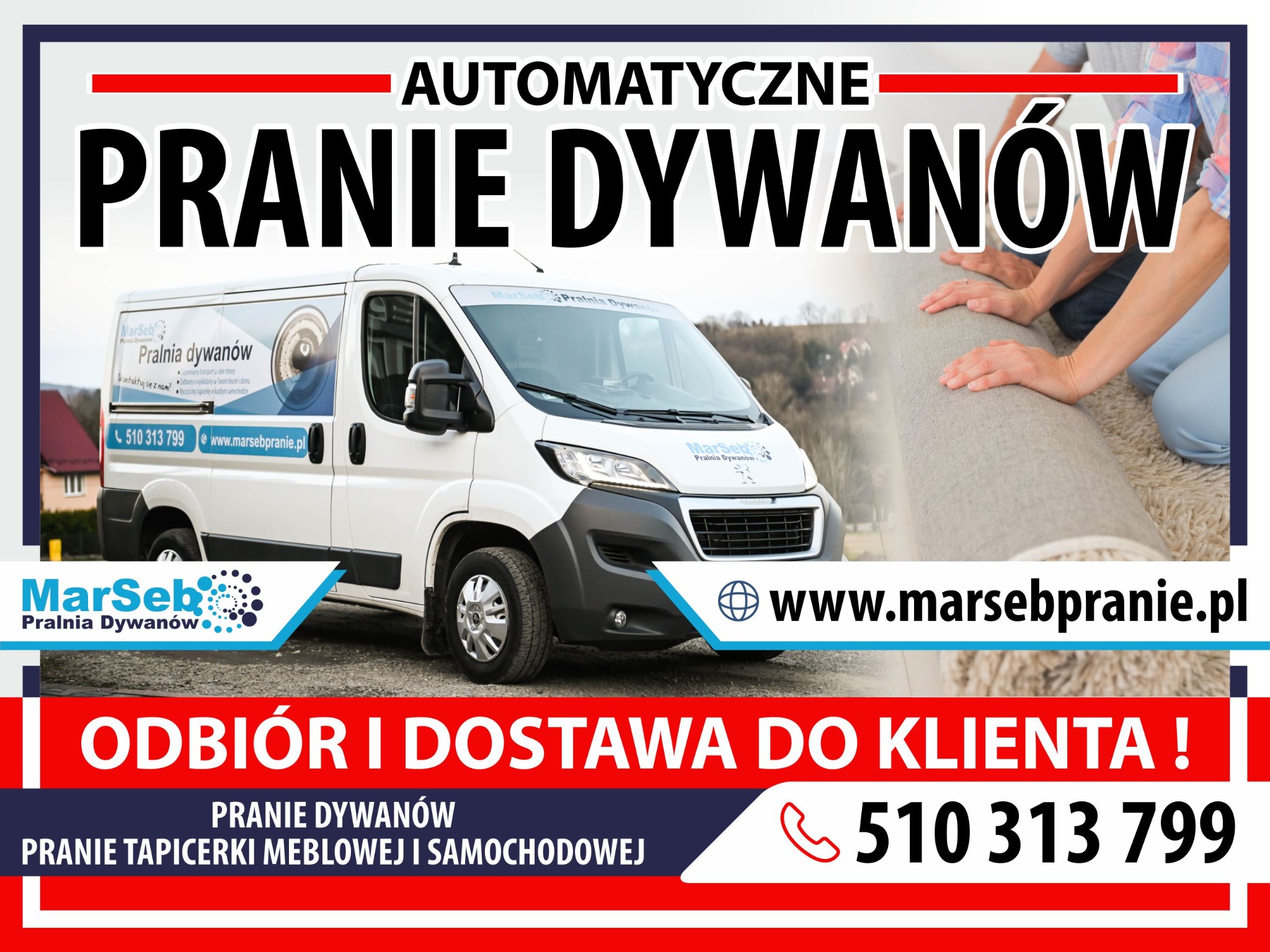 Reklama firmy oferującej automatyczne czyszczenie dywanów, z dostawczym busem z logo firmy i numerem telefonu oraz dwiema osobami rozwijającymi zwinięty dywan na podłodze.
