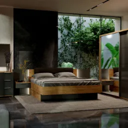 Nowoczesna sypialnia z drewnianym łóżkiem, szafkami nocnymi z podświetleniem LED, komodą i szafą przesuwną z lustrem, na tle ściany z kamienia i okna z zielenią.