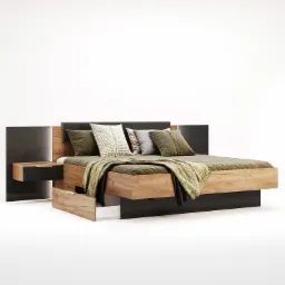 Nowoczesne ł&oacute;żko z drewnianą ramą, czarnymi elementami i wysuwaną szufladą, uzupełnione o poduszki w odcieniach zieleni i beżu oraz pled w kolorze khaki.
