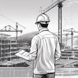 Joanna Matera - ASIA - Szkic: Mężczyzna w kasku i kamizelce, z planami na tle budowy z żurawiami. Ujęcie z tyłu, monochromatyczne, podkreślające etap wznoszenia konstrukcji.