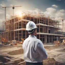Joanna Matera - ASIA - Mężczyzna w kasku obserwuje budowę domu w stanie surowym otwartym. W tle żurawie i sprzęt budowlany, słoneczny dzień.
