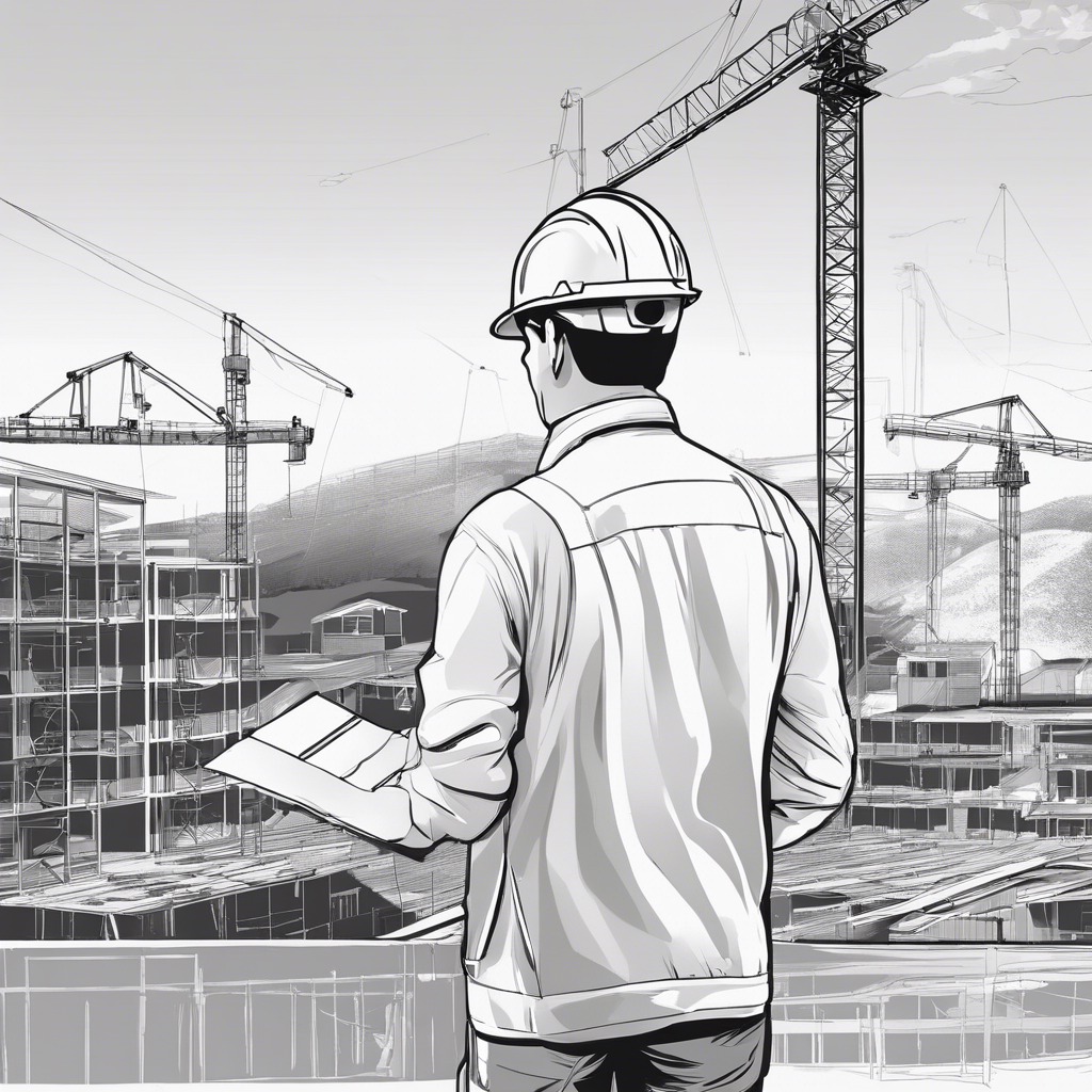Szkic: Mężczyzna w kasku i kamizelce, z planami na tle budowy z żurawiami. Ujęcie z tyłu, monochromatyczne, podkreślające etap wznoszenia konstrukcji.