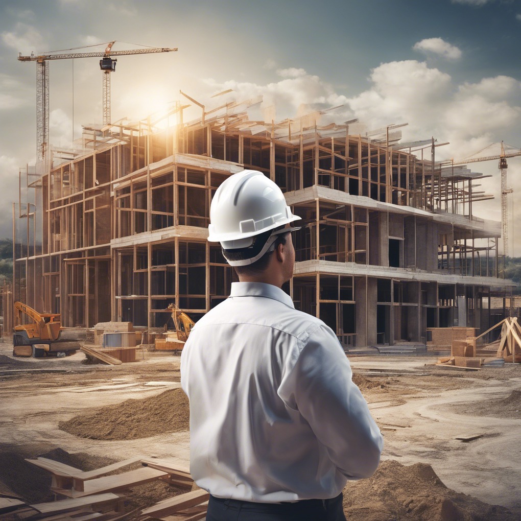 Mężczyzna w kasku obserwuje budowę domu w stanie surowym otwartym. W tle żurawie i sprzęt budowlany, słoneczny dzień.