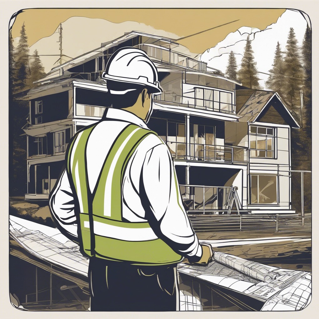Kierownik budowy w kasku i kamizelce analizuje plany na tle powstającego domu. Widoczne rusztowania i elementy konstrukcyjne.