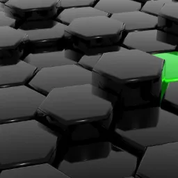 Abstrakcyjna grafika 3D przedstawiająca czarne, błyszczące heksagony ułożone obok siebie, z jednym wyróżniającym się jasnozielonym heksagonem, sugerująca unikalność lub wybór w transporcie.