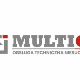 Logo firmy Multion, zajmującej się obsługą techniczną nieruchomości, z szarym symbolem domu w kwadracie i czerwonym akcentem w nazwie.