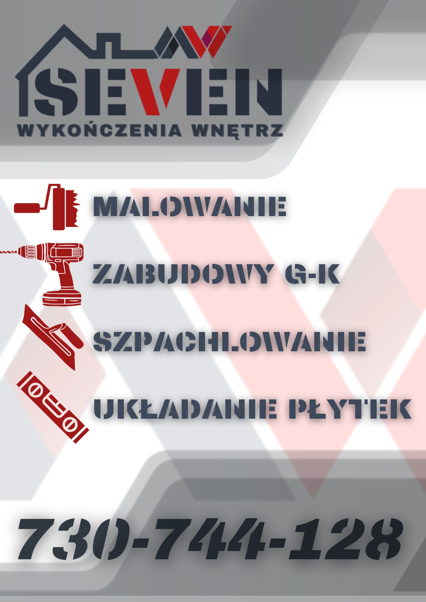 Grafika z ofertą usług: malowanie, zabudowy G-K, szpachlowanie, układanie płytek. Logo firmy 'Seven'. Numer telefonu na szarym tle.