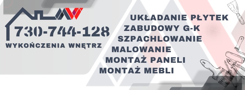 Układanie płytek, zabudowy G-K, szpachlowanie, malowanie, montaż paneli i mebli - usługi wykończeniowe w Śrem. Numer telefonu i logo firmy na grafice.