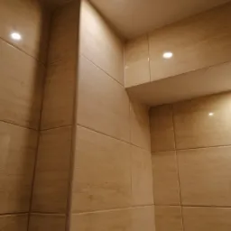 Wykończony narożnik łazienki z beżowymi płytkami imitującymi trawertyn, oświetlony trzema punktowymi lampami sufitowymi.