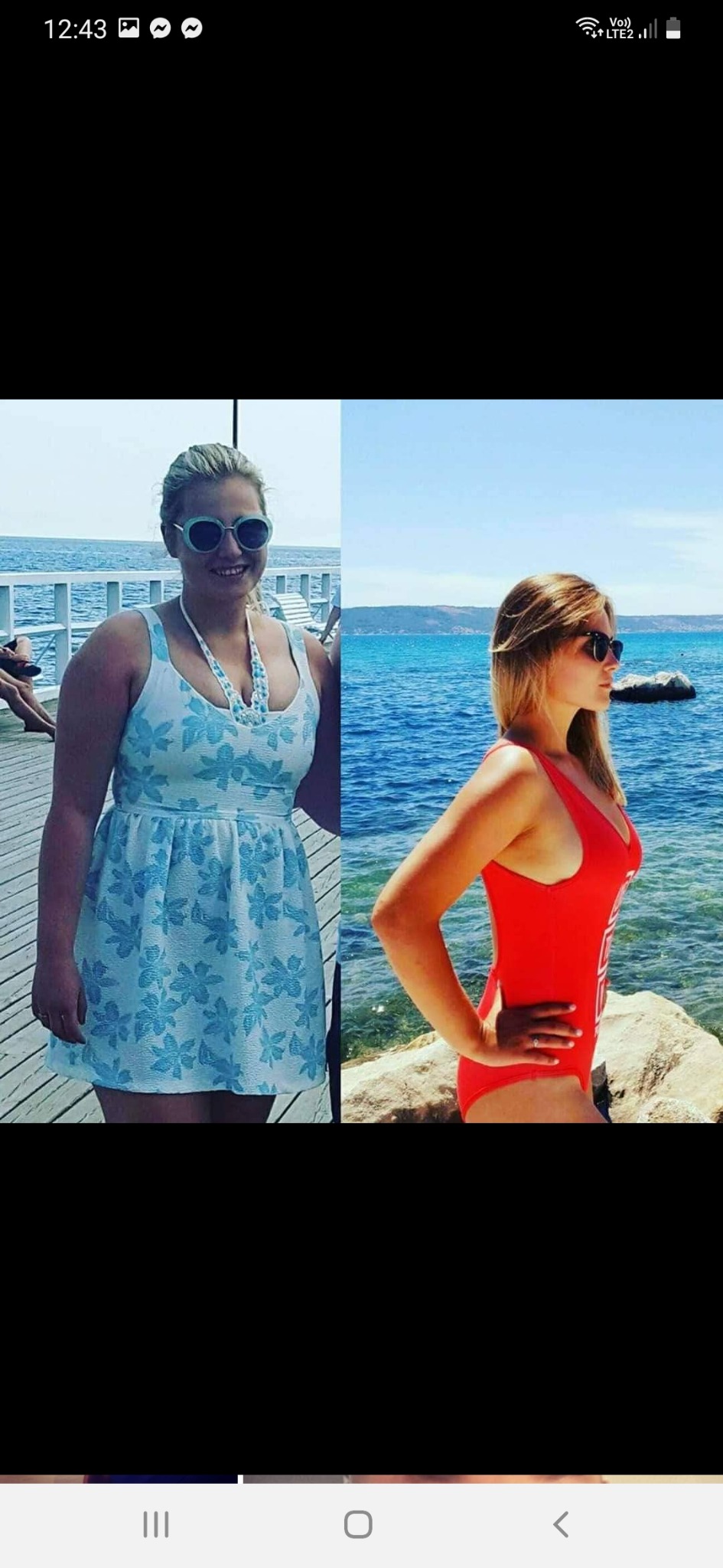 Zdjęcie typu 'przed i po' przedstawiające kobietę w sukience w kwiaty na drewnianym pomoście, a następnie w czerwonym kostiumie kąpielowym na tle morza i skał, ilustrujące metamorfozę sylwetki.