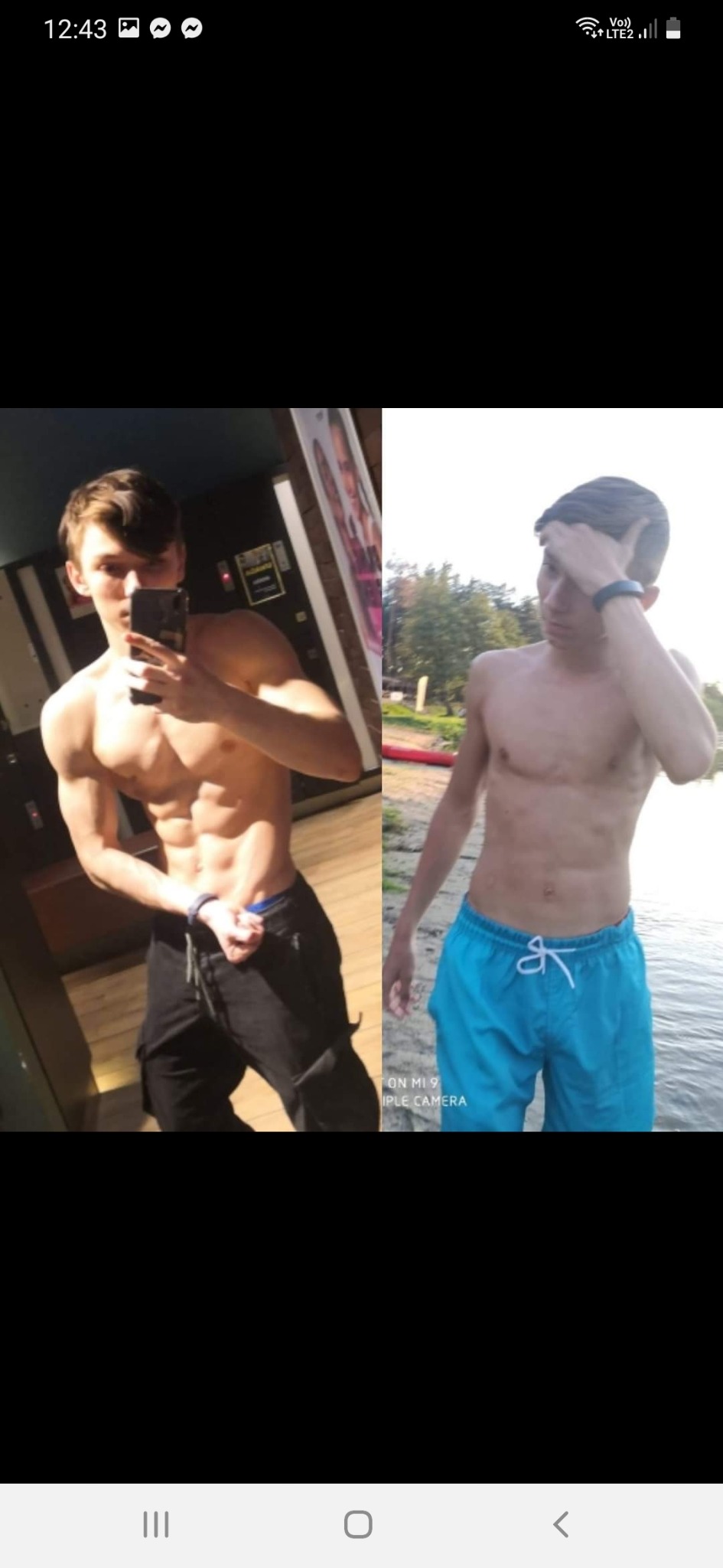 Porównanie sylwetki mężczyzny przed i po treningu, z lewej w siłowni w Warszawie, z prawej na zewnątrz w szortach.