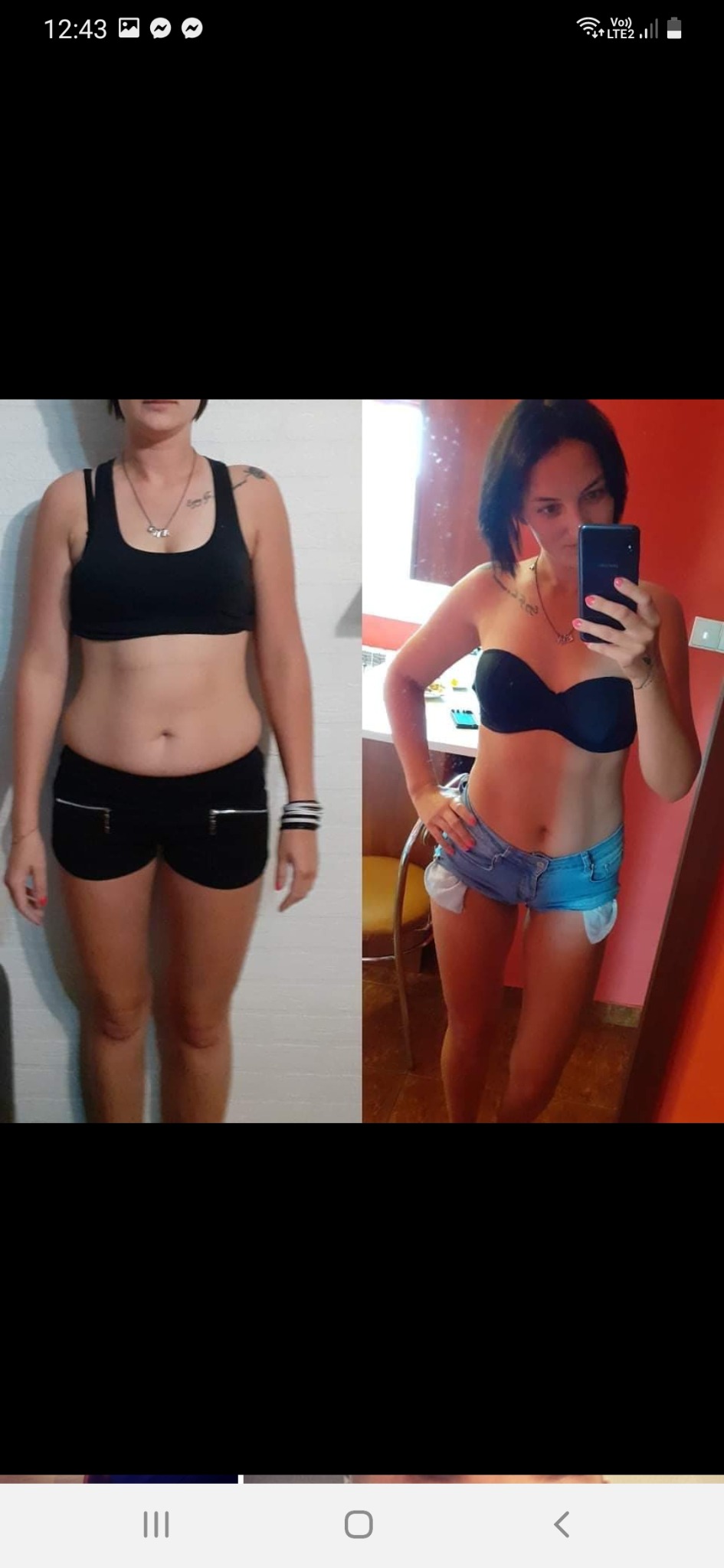 Kobieta prezentuje swoją przemianę sylwetki: zdjęcie po lewej stronie ukazuje stan przed, a po prawej stronie - stan po, z telefonem w dłoni i widocznym tatuażem na ramieniu.