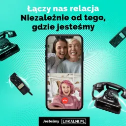 Wirtualne spotkanie trzech kobiet na ekranie smartfona, otoczone stylizowanymi, czarnymi telefonami stacjonarnymi i komórkowymi na tle turkusowej, kropkowanej grafiki.