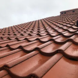 Czerwona dachówka ceramiczna, mokra po deszczu, z widocznym kominem z cegły w tle i fragmentem rynny.