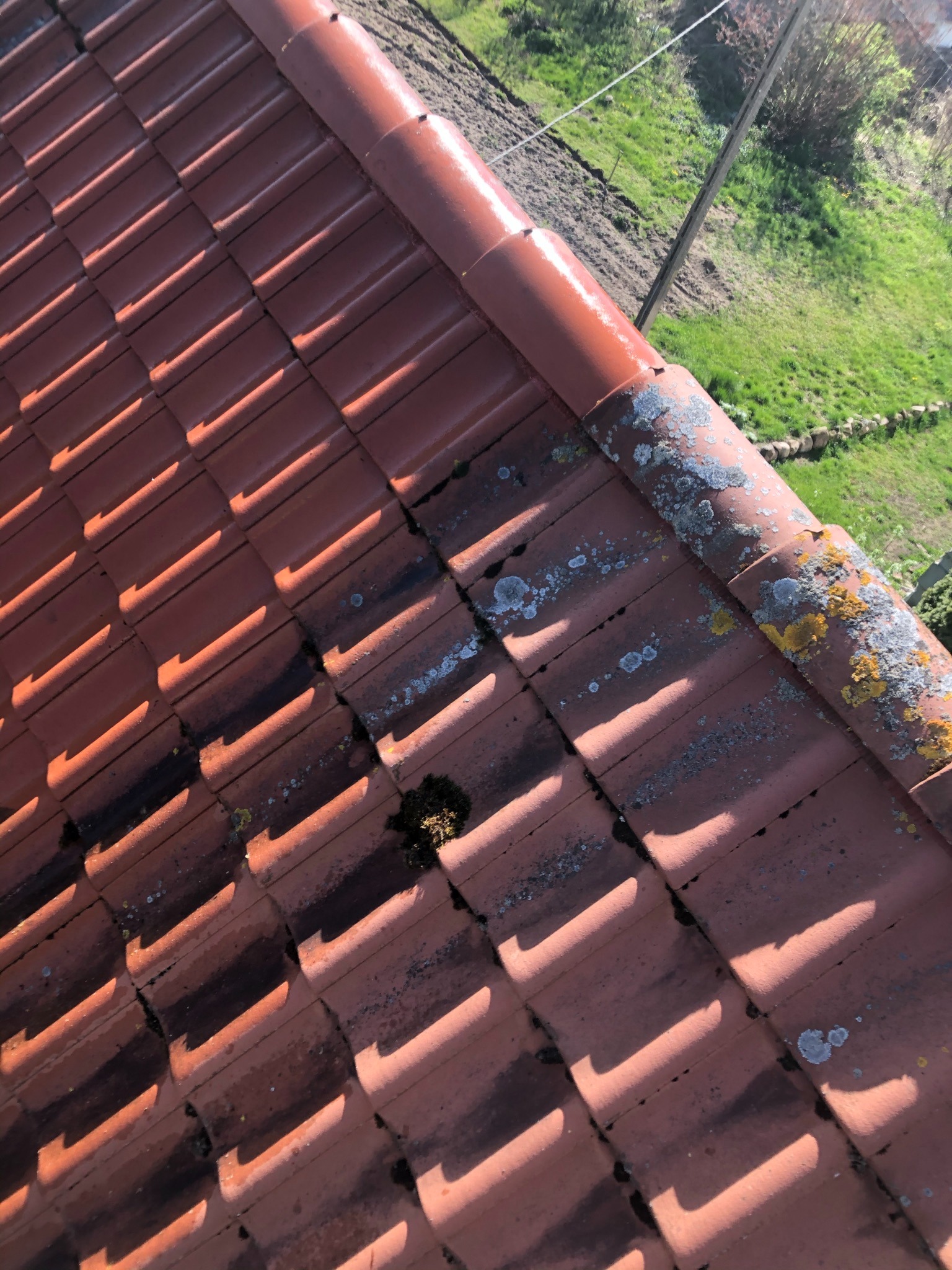 Czerwona dachówka ceramiczna z widocznymi śladami zabrudzeń, mchu i porostów, sfotografowana pod kątem, z fragmentem trawnika w tle.