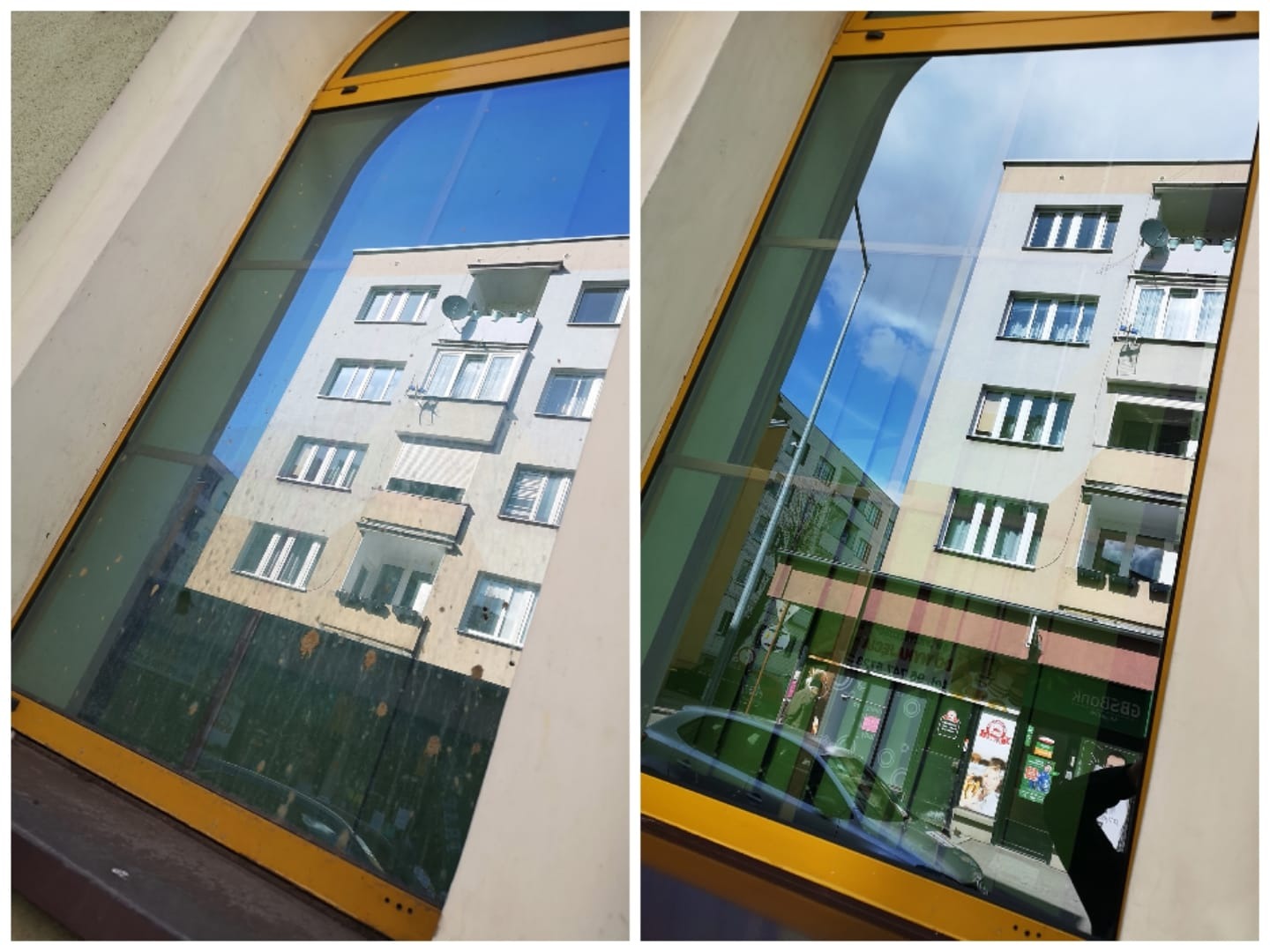 Okno z żółtą ramą, widoczne zabrudzenia na szybie przed i po umyciu, odbicie budynku mieszkalnego z balkonami.