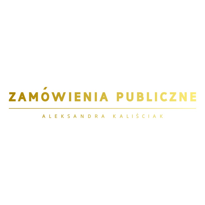 Złote logo: Zamówienia Publiczne, Aleksandra Kaliściak, na białym tle.