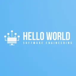 Logo firmy z napisem 'Hello World' i 'Software Engineering' na błękitnym tle, z symbolem monitora połączonego z siecią neuronową.