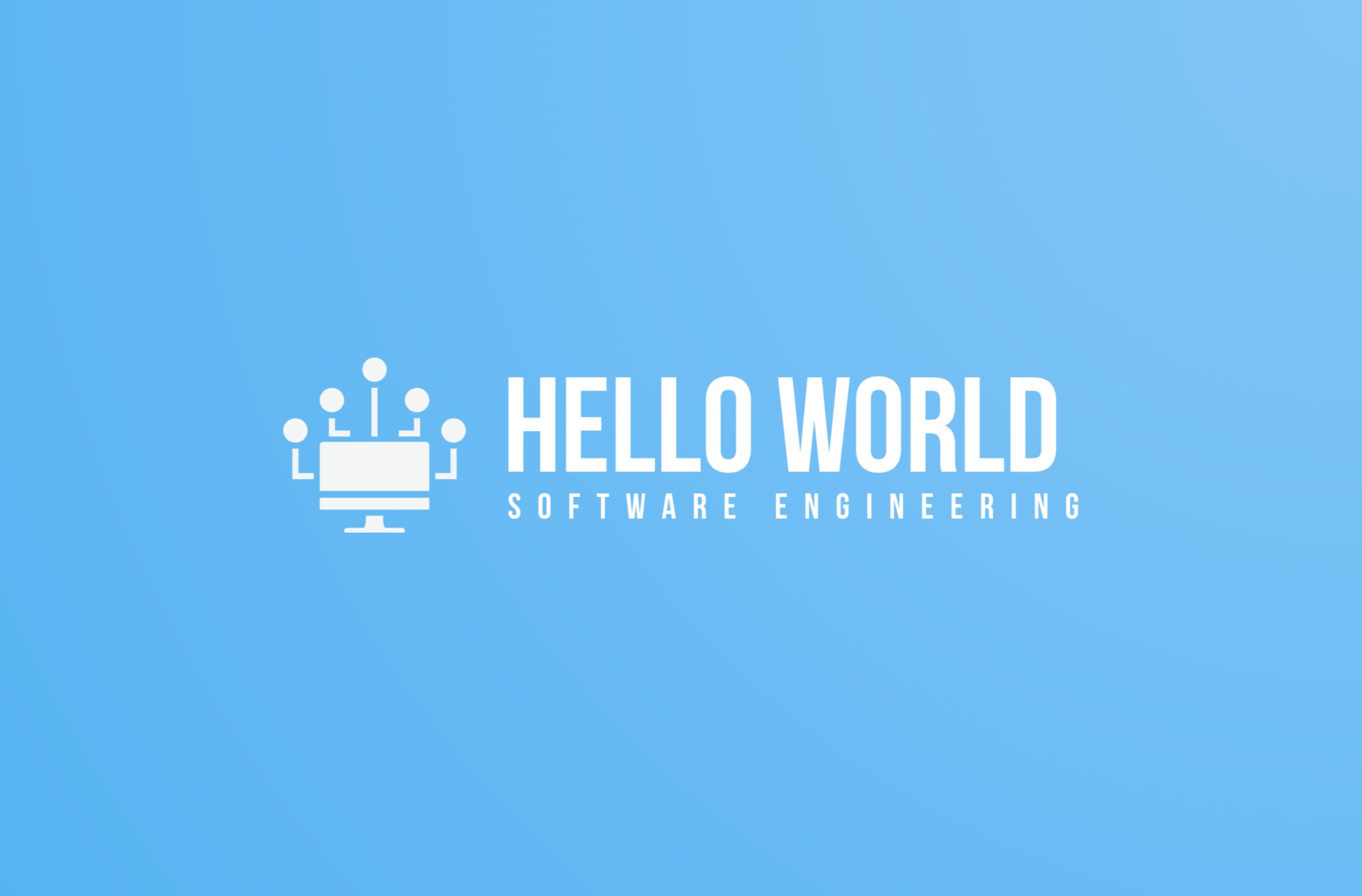 Logo firmy z napisem 'Hello World' i 'Software Engineering' na błękitnym tle, z symbolem monitora połączonego z siecią neuronową.