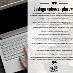 Honestly Group Sp. z o.o. - Laptop z widoczną klawiaturą, obok wykaz usług kadrowo-płacowych, w tym przygotowywanie dokumentacji kadrowej, prowadzenie akt osobowych, sporządzanie deklaracji ZUS, ewidencja czasu pracy...