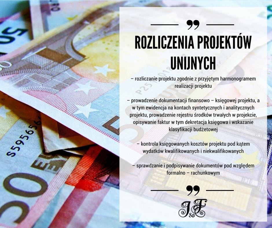 Rozliczenia projektów unijnych: wizualizacja z banknotami euro w tle, nakierowująca na usługi związane z finansowaniem i kontrolą projektów.