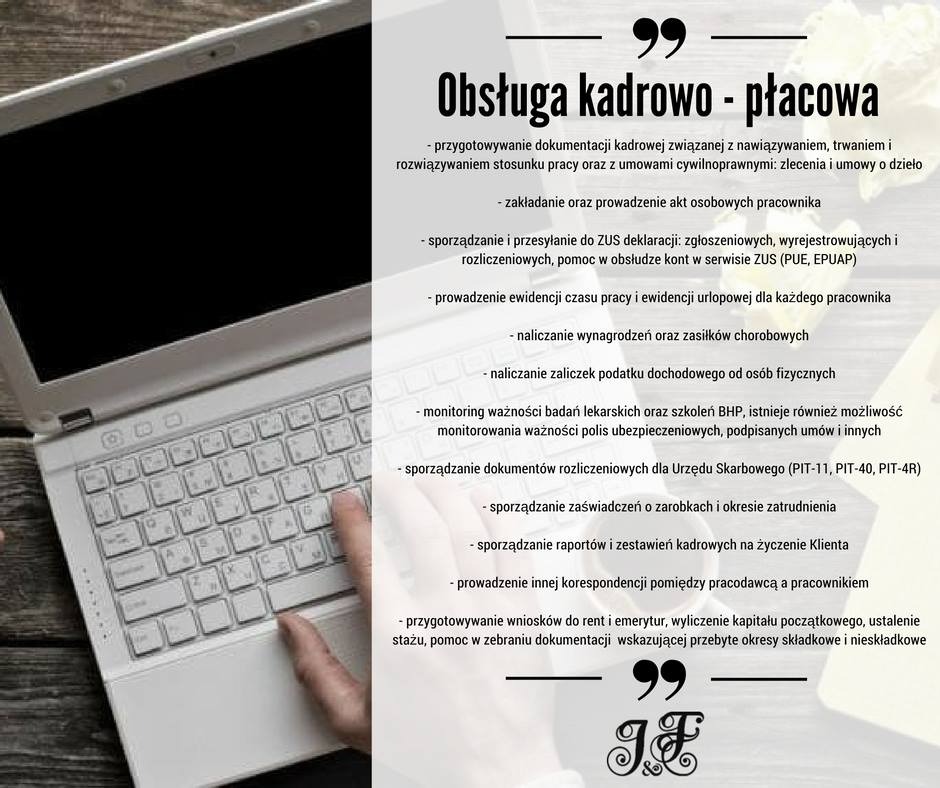 Laptop z widoczną klawiaturą, obok wykaz usług kadrowo-płacowych, w tym przygotowywanie dokumentacji kadrowej, prowadzenie akt osobowych, sporządzanie deklaracji ZUS, ewidencja czasu pracy...