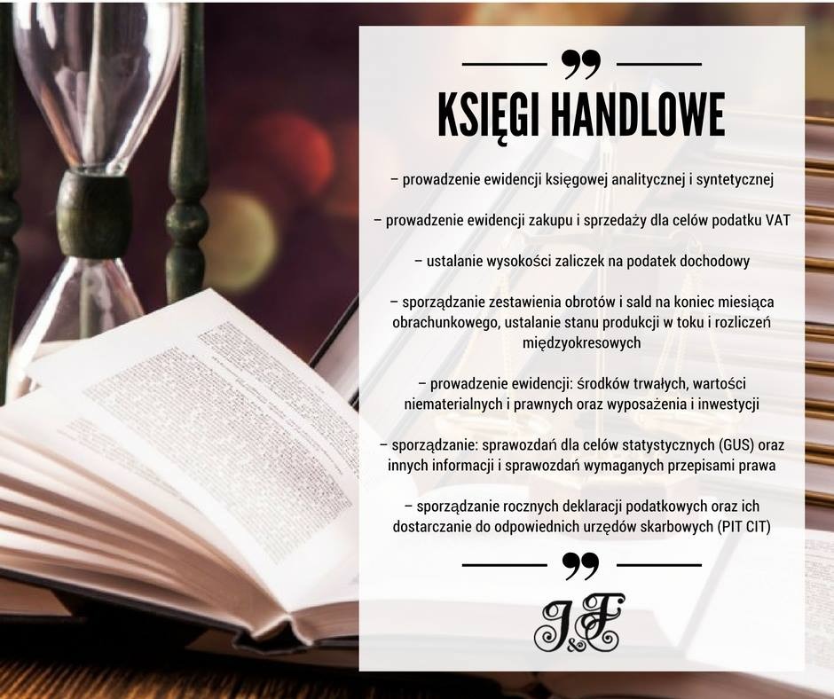 Koncepcja ksiąg handlowych: klepsydra obok otwartej książki z drobnym drukiem, w tle tekst o prowadzeniu ewidencji księgowej i sporządzaniu deklaracji podatkowych.