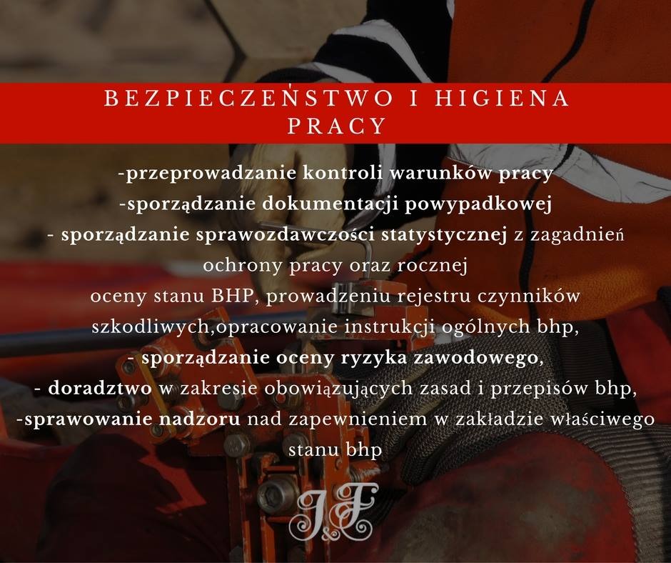 Grafika informacyjna dotycząca bezpieczeństwa i higieny pracy, z wyliczeniem czynności takich jak kontrole warunków pracy, sporządzanie dokumentacji powypadkowej, sprawozdawczość statystyczna...