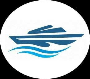 Niebieski, stylizowany piktogram łodzi motorowej z falami, umieszczony w białym okręgu na czarnym tle.