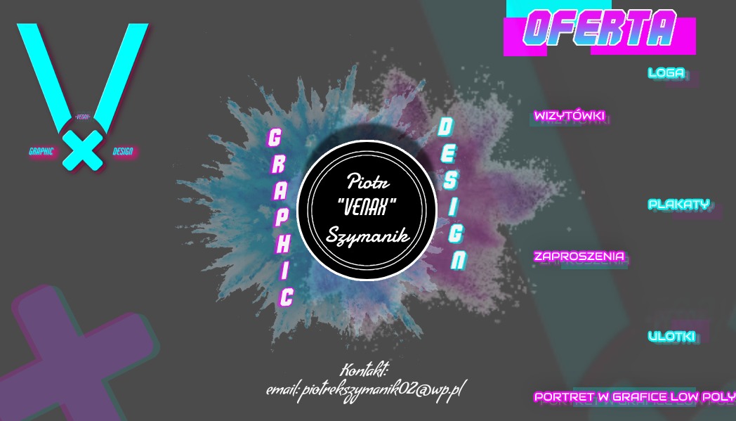 Neonowy baner reklamowy usług graficznych z ofertą: loga, wizytówki, plakaty, zaproszenia, ulotki, portret w grafice low poly, z danymi kontaktowymi Piotr 'VENAH' Szymanik.