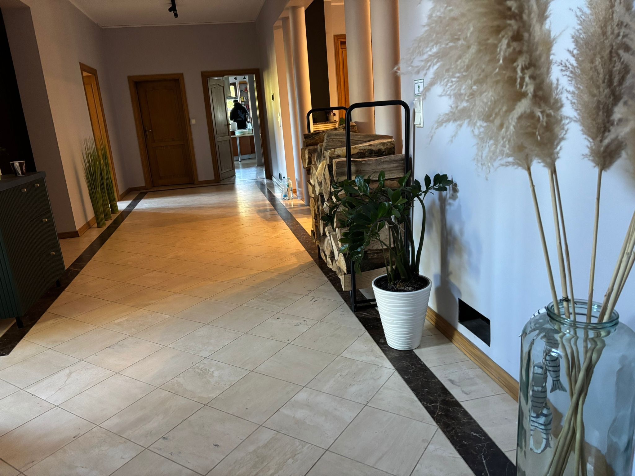 Jasne wnętrze holu z dekoracjami: drewno kominkowe, trawa pampasowa w szklanym wazonie, roślina doniczkowa. Widoczny fragment szafki i otwarte drzwi.