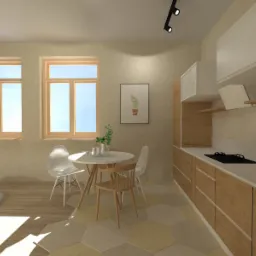 Wizualizacja kuchni z jadalnią: drewniane szafki, biały blat, okrągły stół z krzesłami i dekoracyjna roślina w doniczce.