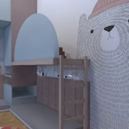 Wizualizacja pokoju dziecięcego z łóżkiem piętrowym, zabudową meblową z półkami i tapetą z motywem niedźwiedzia w czapce.