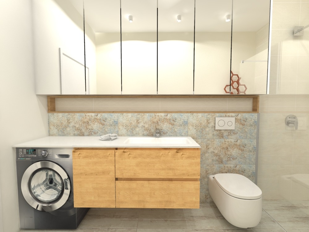 Nowoczesna łazienka z pralką w zabudowie, umywalką z drewnianymi szafkami, toaletą i lustrami z oświetleniem punktowym.