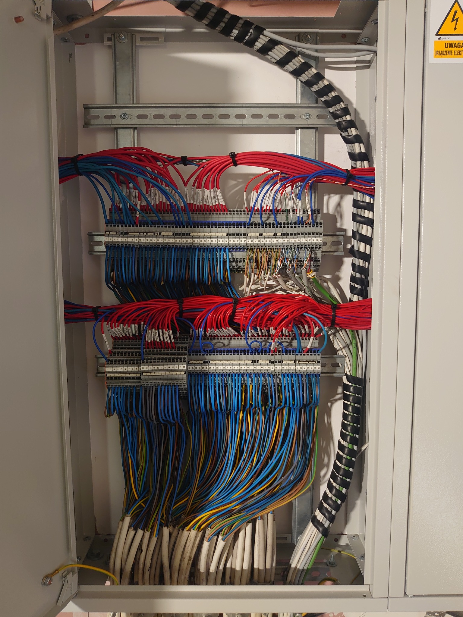 Otwarta szafa sterownicza z licznymi przewodami oznaczonymi etykietami, ułożonymi w wiązki i podłączonymi do listew zaciskowych na szynach DIN. Przewody w kolorach czerwonym, niebieskim i żółtym.