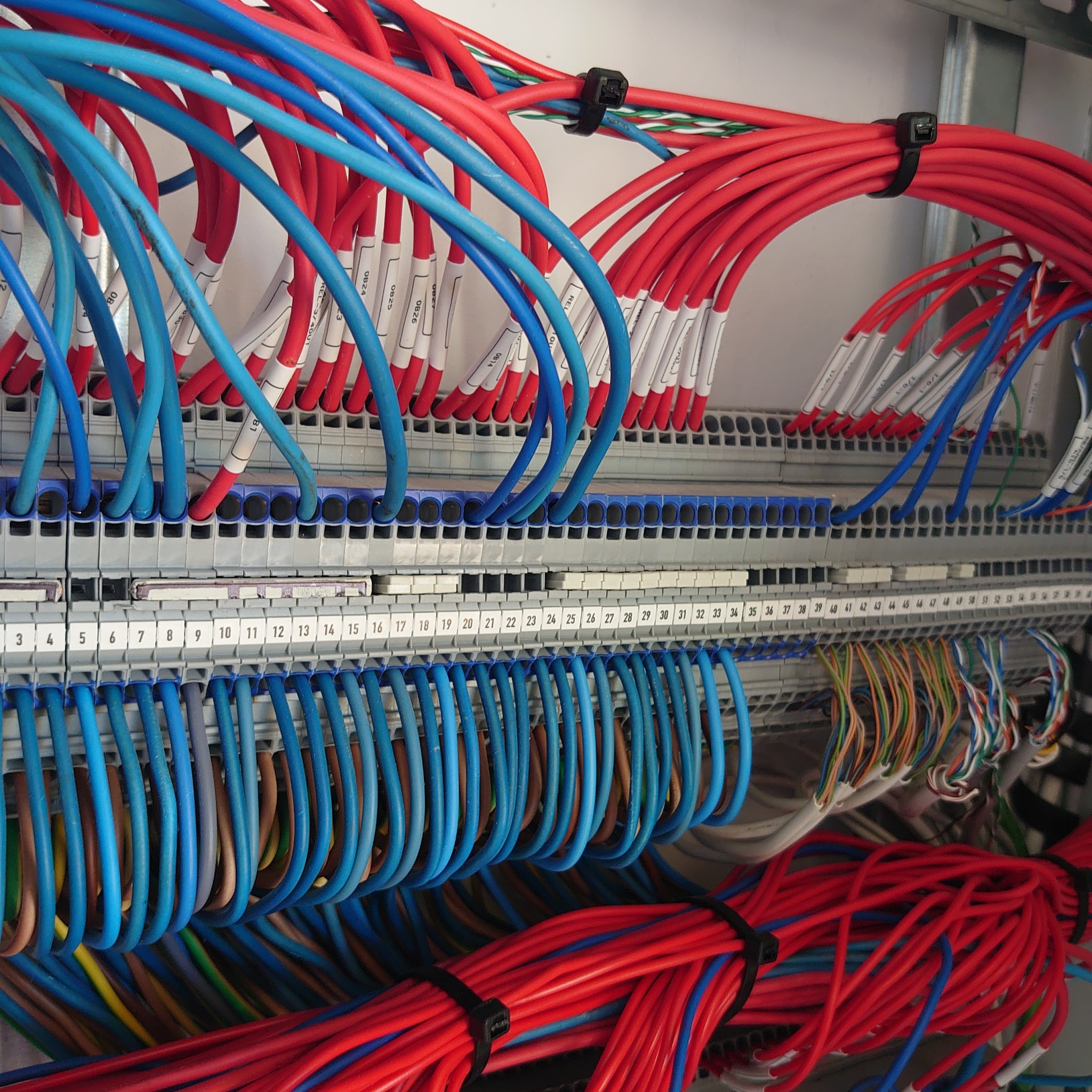 Panel elektryczny z uporządkowanymi przewodami w kolorach czerwonym i niebieskim, oznaczonymi etykietami, zainstalowany w Gródczankach.