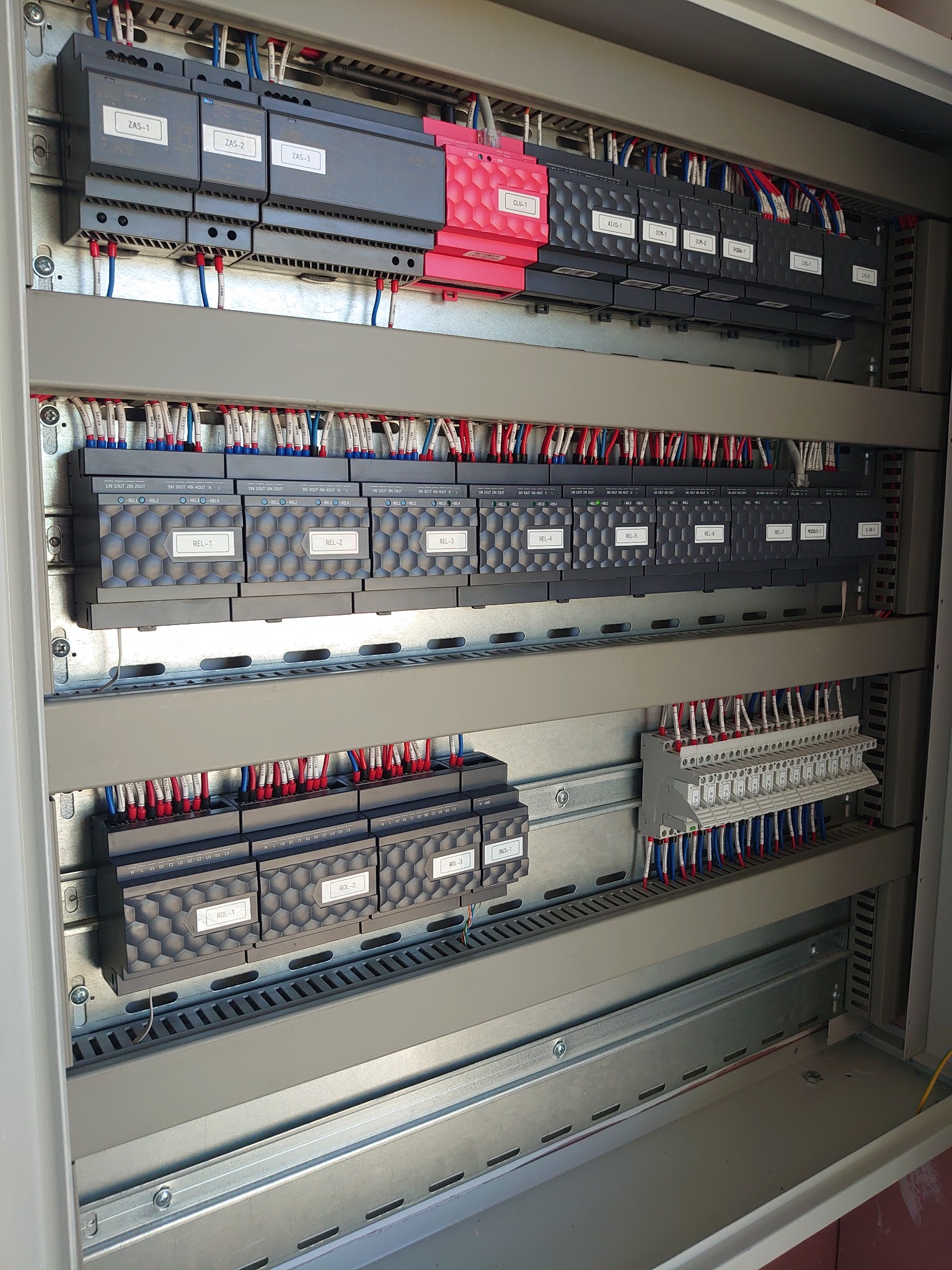 Rozdzielnica elektryczna z modułami sterującymi, widoczne liczne przewody i złącza, moduły opisane etykietami ZAS, REL, ROL, DIM, RGBM, CLU.
