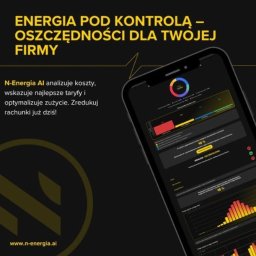 Dom Niskoemisyjny - Smartfon wyświetlający aplikację do analizy kosztów i optymalizacji zużycia energii elektrycznej dla firm, z hasłem 'Energia pod kontrolą - oszczędności dla Twojej firmy' i logo firmy N-Energia AI.