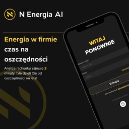 Dom Niskoemisyjny - Ekran smartfona prezentujący interfejs logowania do aplikacji N Energia AI, obok logo firmy i hasła reklamowego o oszczędności energii dla firm.