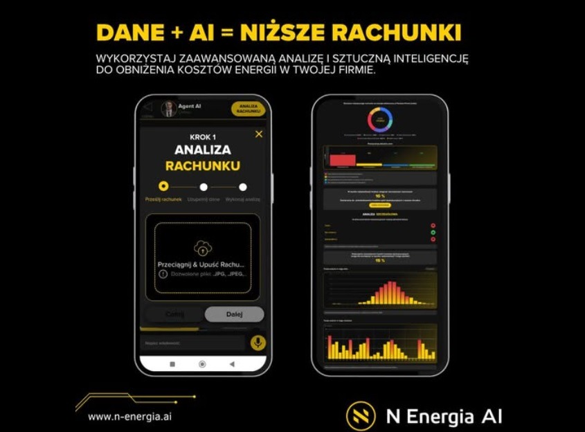 Ekran aplikacji mobilnej do analizy rachunków za energię elektryczną, prezentujący interfejs użytkownika z możliwością przesłania rachunku i wizualizacją danych.