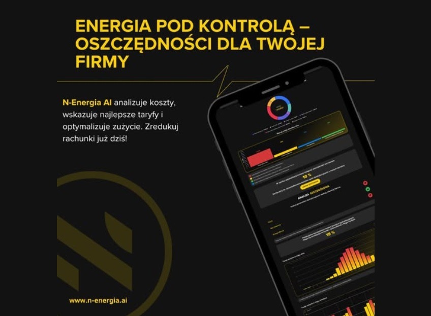 Smartfon wyświetlający aplikację do analizy kosztów i optymalizacji zużycia energii elektrycznej dla firm, z hasłem 'Energia pod kontrolą - oszczędności dla Twojej firmy' i logo firmy N-Energia AI.