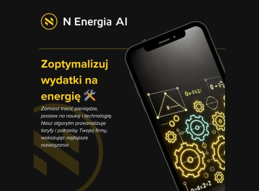 Grafika reklamowa N Energia AI prezentująca optymalizację wydatków na energię za pomocą algorytmu, widoczny smartfon z neonowymi schematami technicznymi i kołami zębatymi na ekranie.