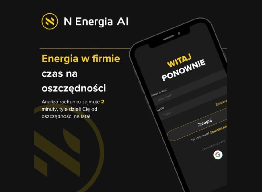 Ekran smartfona prezentujący interfejs logowania do aplikacji N Energia AI, obok logo firmy i hasła reklamowego o oszczędności energii dla firm.