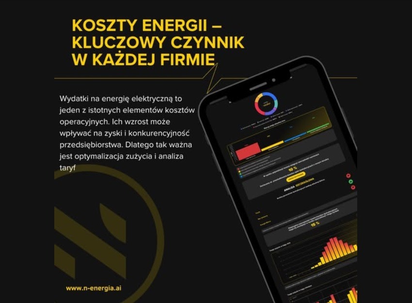 Grafika informacyjna: koszty energii jako kluczowy czynnik w każdej firmie, z analizą zużycia przedstawioną na ekranie smartfona w formie wykresów i danych liczbowych.