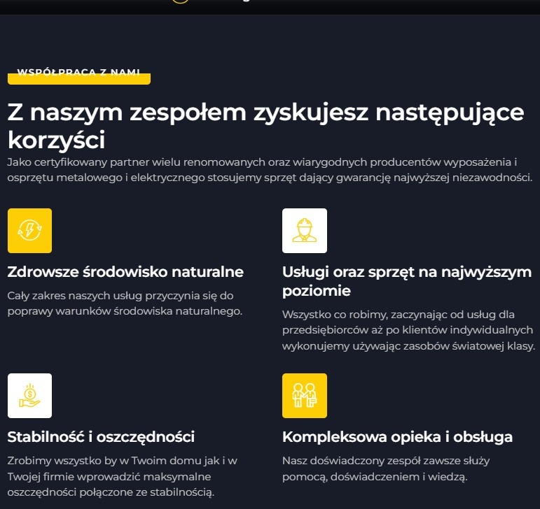 Grafika informacyjna firmy oferującej korzyści z współpracy, w tym zdrowsze środowisko, wysoki poziom usług, stabilność finansową i kompleksową obsługę. Żółte ikony symbolizują poszczególne...