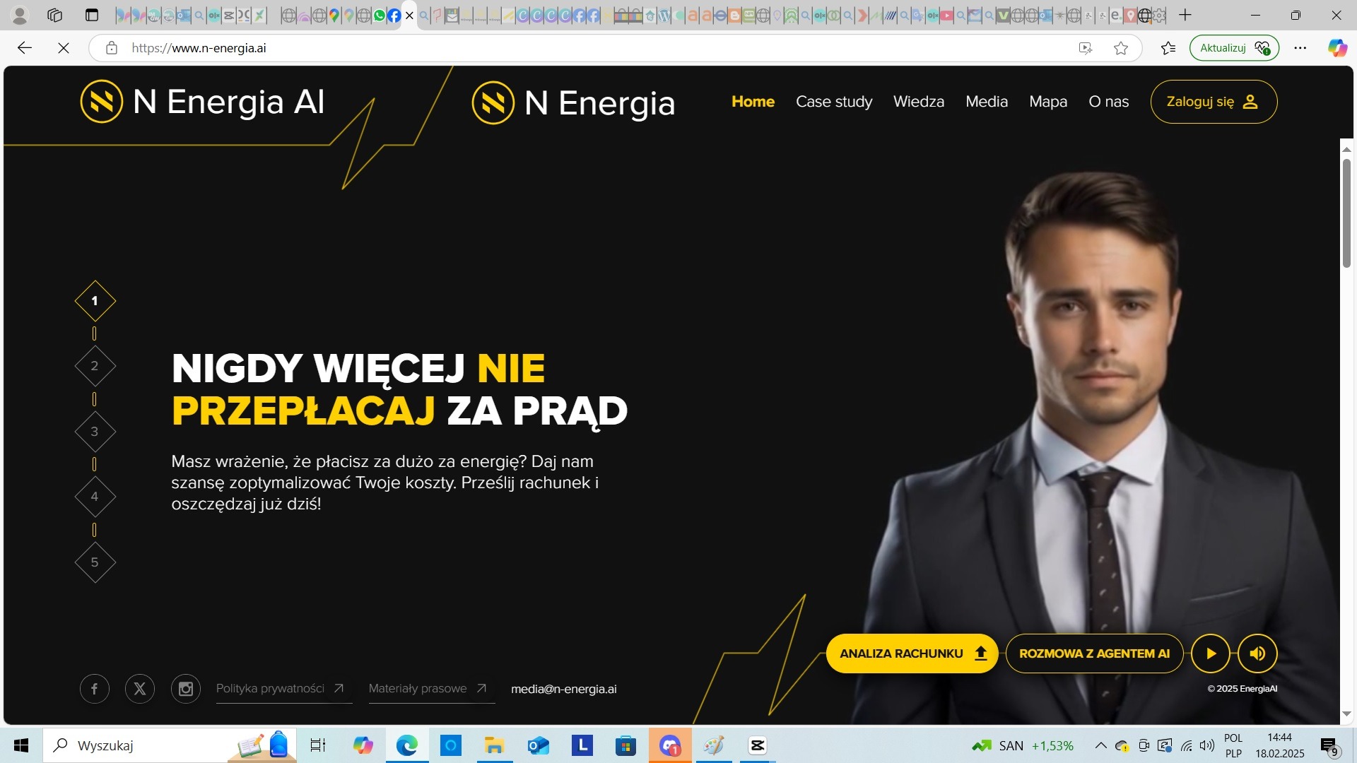 Strona internetowa firmy oferującej optymalizację kosztów energii elektrycznej, z hasłem 'Nigdy więcej nie przepłacaj za prąd' i zdjęciem mężczyzny w garniturze.
