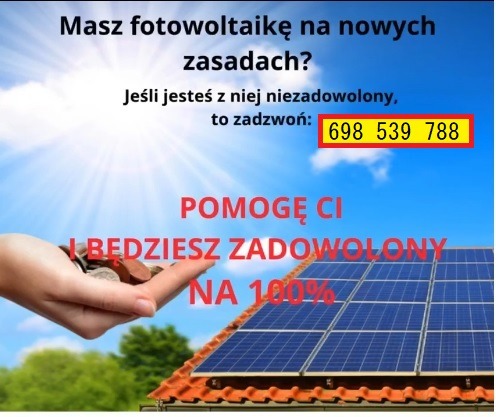 Grafika reklamowa: panele słoneczne na dachu, dłoń z monetami, tekst o niezadowoleniu z fotowoltaiki i zachęta do kontaktu telefonicznego.