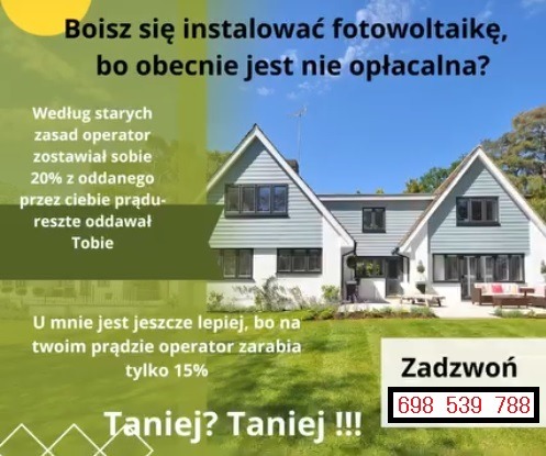 Grafika reklamowa z pytaniem o opłacalność instalacji paneli słonecznych, przedstawiająca dom jednorodzinny z zielonym trawnikiem i numerem telefonu kontaktowego.