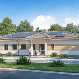 Wizualizacja parterowego budynku usługowego z panelami słonecznymi na dachu, dwoma osobami stojącymi przed wejściem i rowerzystą w tle.