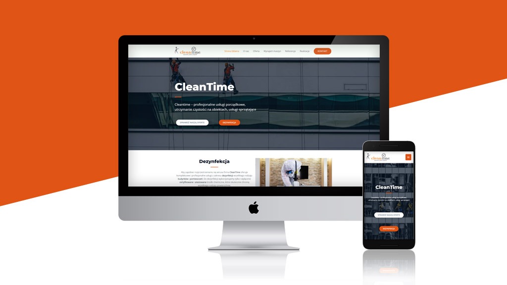 Prezentacja responsywnej strony internetowej Cleantime.pl na monitorze iMac i smartfonie, z widocznym logo i ofertą usług porządkowych oraz dezynfekcji.
